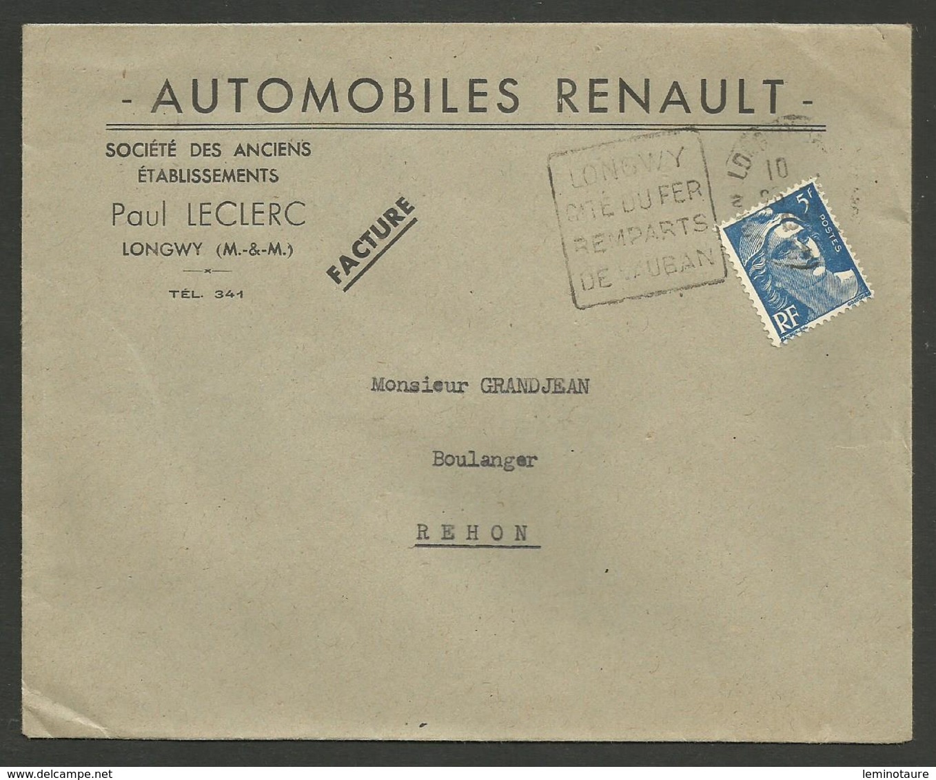 Enveloppe RENAULT / Paul LECLERC à LONGWY - MEURTHE ET MOSELLE / Cachet Daguin - Automobile