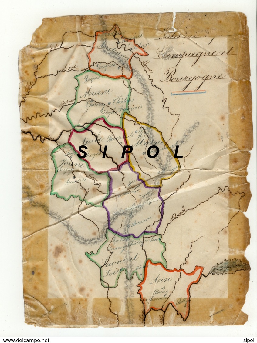 Carte Géographique  Dessinée Sur Papier  Par Un Petit Alsacien Né En 1862 : Champagne Et Bourgogne Etat D âge - Cartes Géographiques