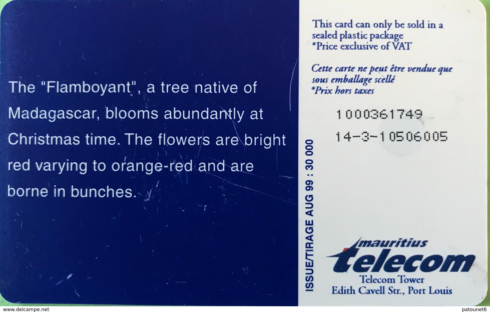 MAURICE  -  Phonecard  - " The Flamboyant Tree "  -  240 Units  -  R 200.00 - Mauricio