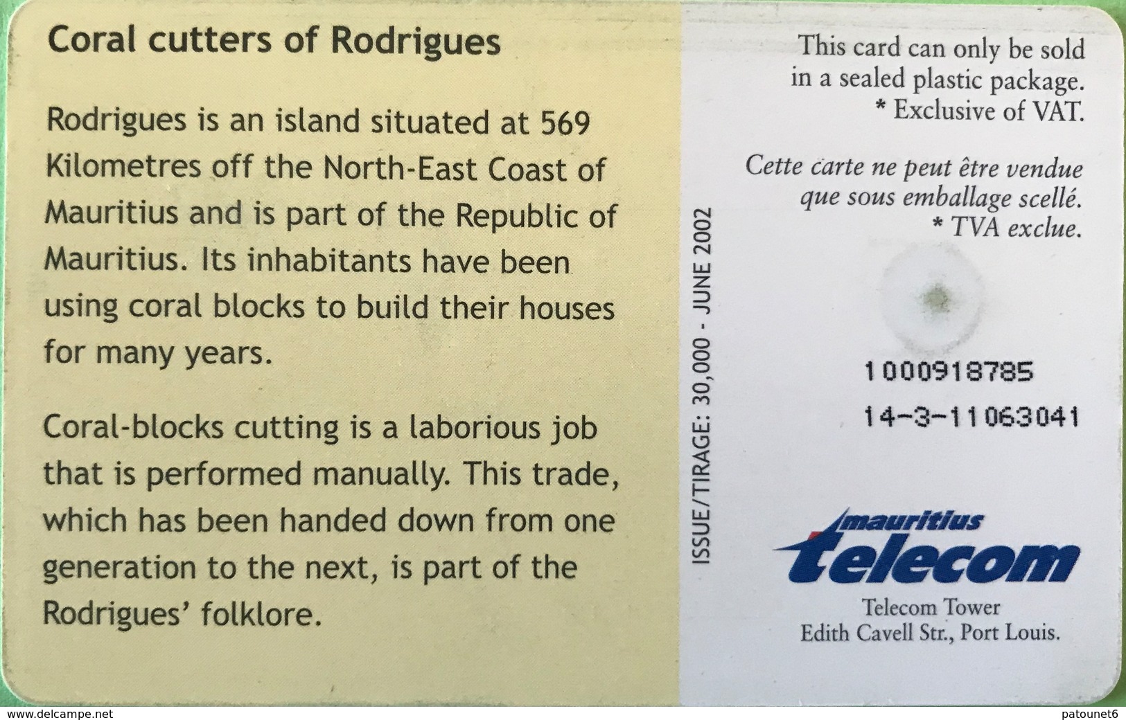 MAURICE  -  Phonecard  - Coral Cutters Of Rodrigues  -  240 Units  -  Rs 200 - Mauritius