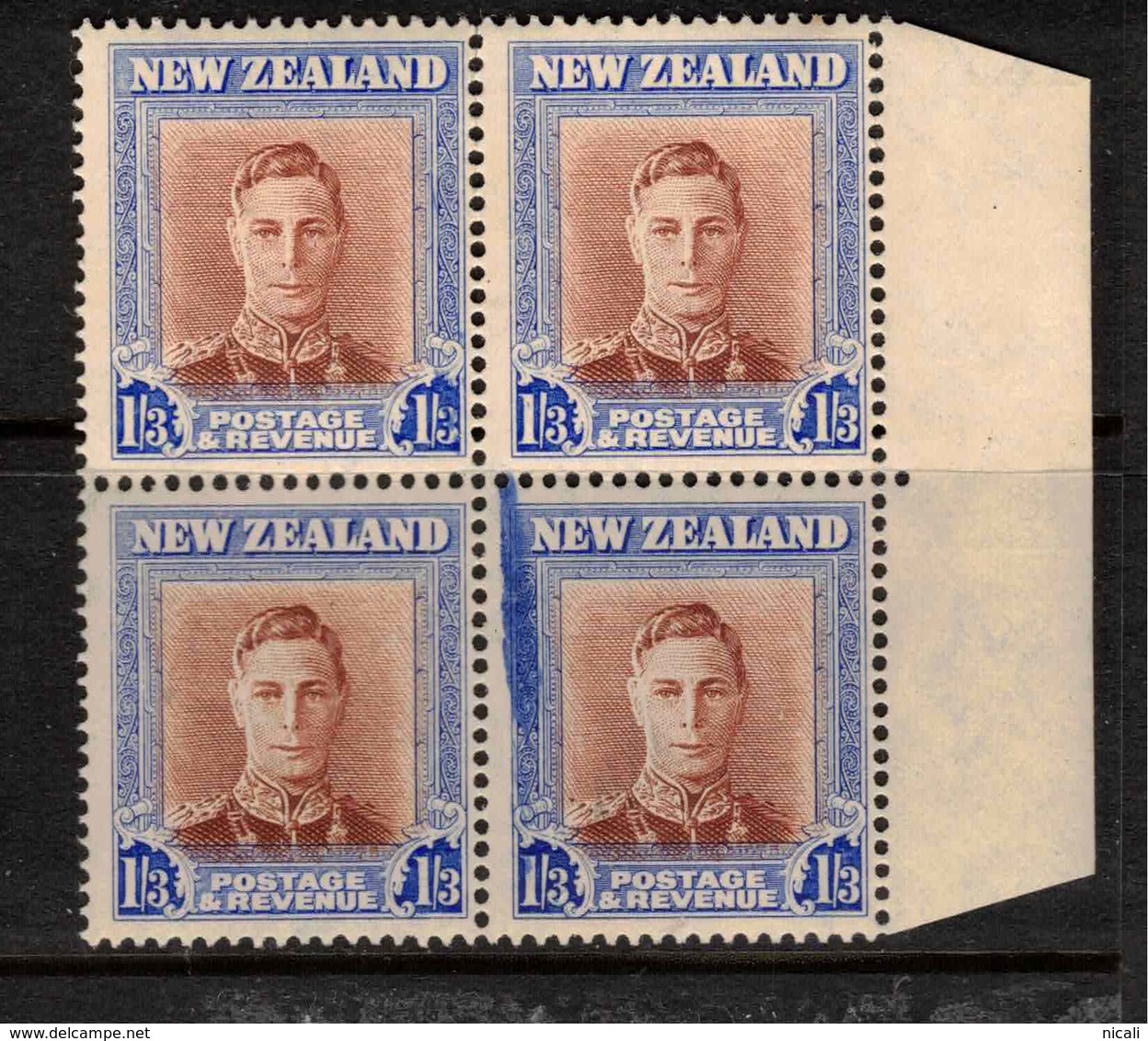 NZ 1947 1/3 KGVI Over-inked Flaw SG 687 UNHM #BIR48 - Neufs