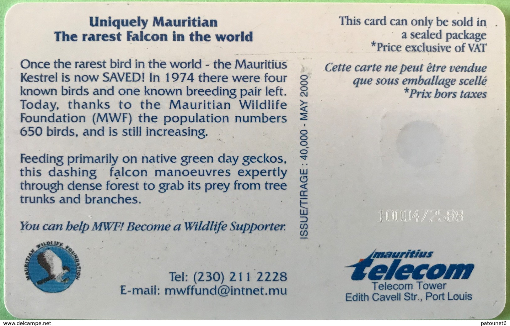 MAURICE  -  Phonecard  - Mauritius Kestrel  -  240 Units  -  R 200.00 - Mauritius