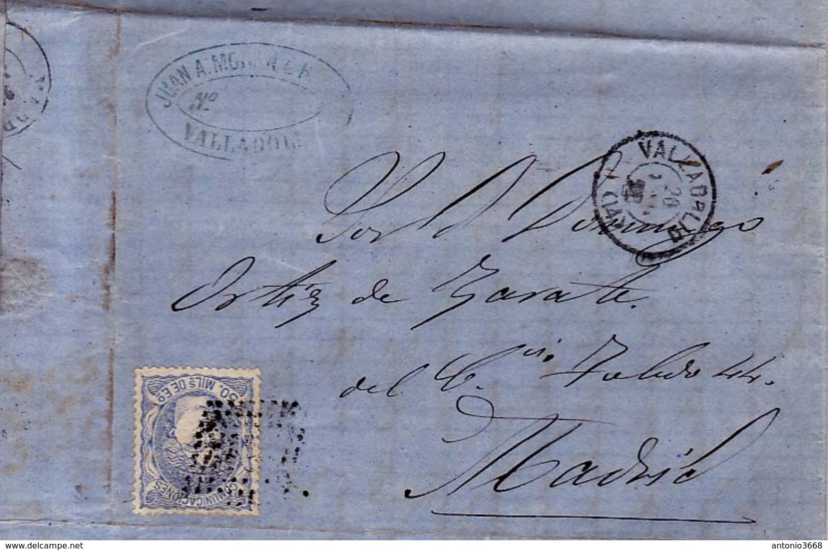 Año 1870 Edifil 107 50m Sellos Efigie Carta Matasellos Rombo Valladolid Membrete Juan A. Moran - Storia Postale