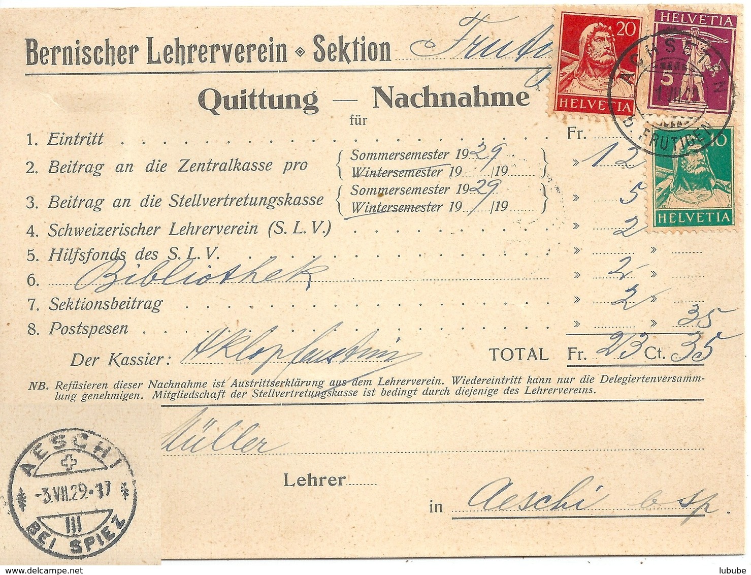 NN  "Bernerischer Lehrerverein, Achseten B. Frutigen" - Aeschi          1929 - Storia Postale