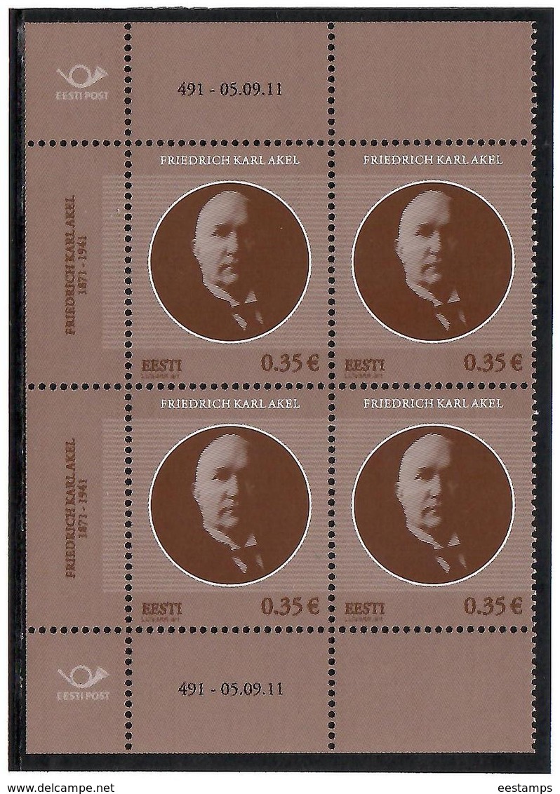 Estonia 2011 .Friedrich Karl Akel 1871-1941.  Block Of 4.  Michel # 706 - Estland