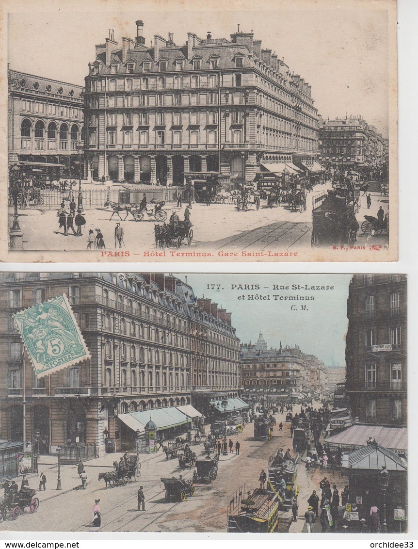 Lot De 2 CPA Paris - Hôtel Terminus - Gare St-Lazare / Rue St-Lazare (jolie Animation) - Pubs, Hotels, Restaurants