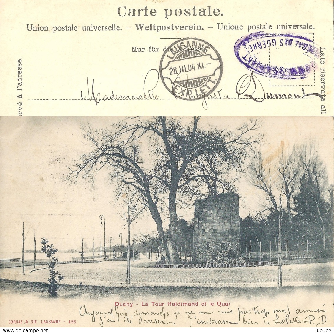 AK  "Lausanne - Le Tour Haldimand  (Feldpost / Rasierklingenstempel)         1904 - Storia Postale