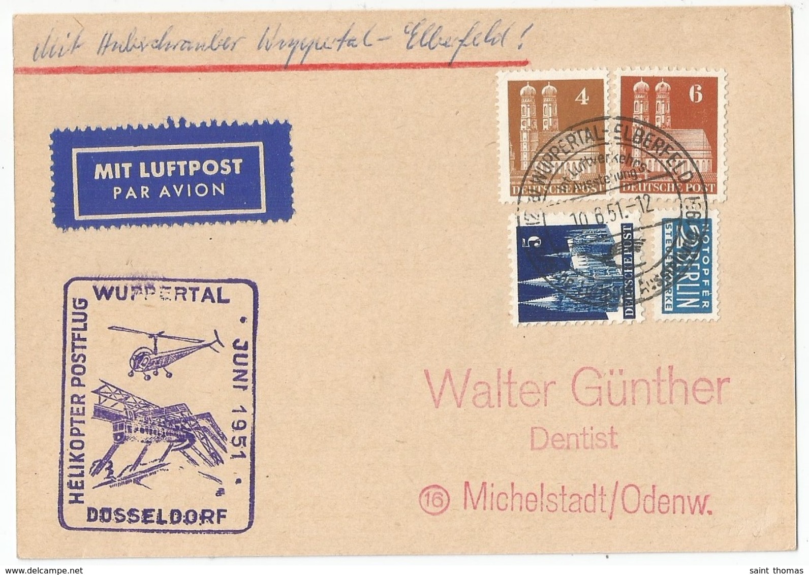 Germany Deutschland Bund BRD Helikopter Postflug Postcard With Commemorative Cancel 1951 Luftpost - Lettres & Documents