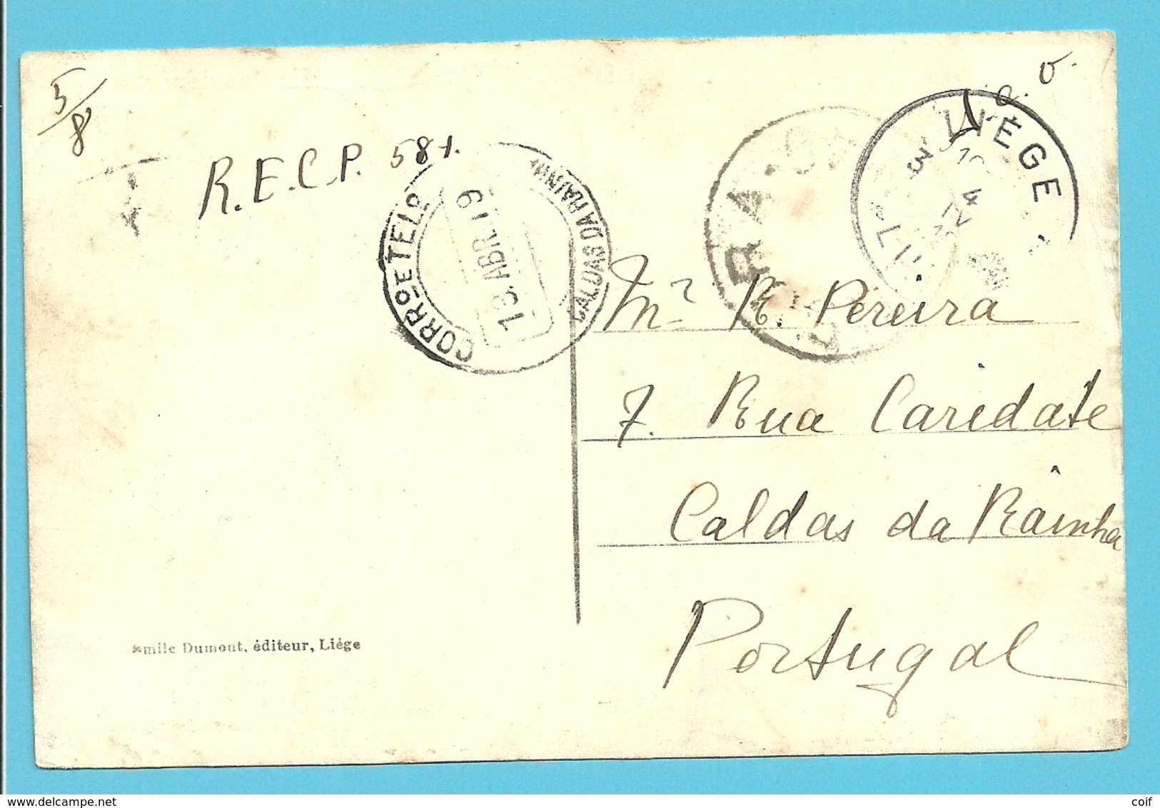 150+151 Op Kaart Stempel LIEGE 4/4/19 Naar Portugal, Stempel CORRoETEL / CALDAS DA RAINHA Stempel CENSURA (na Oorlog)!! - 1918 Rode Kruis
