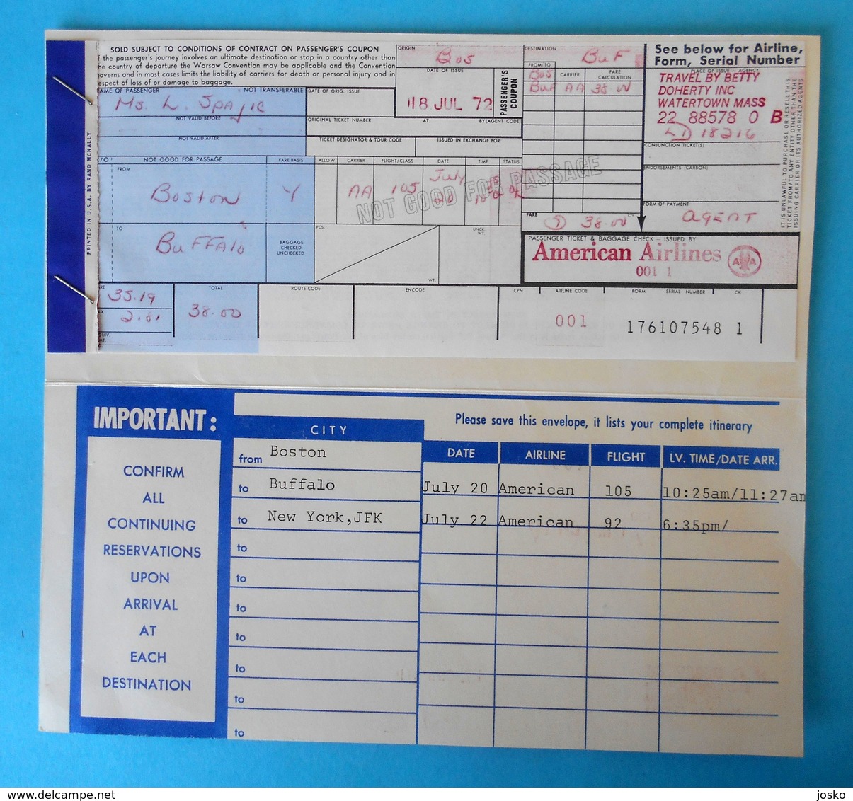 AMERICAN AIRLINES Vintage Ticket 1972. ... Flight BOSTON - BUFFALO - NEW YORK ( JFK ) * Billet Biglieto Billete - Biglietti