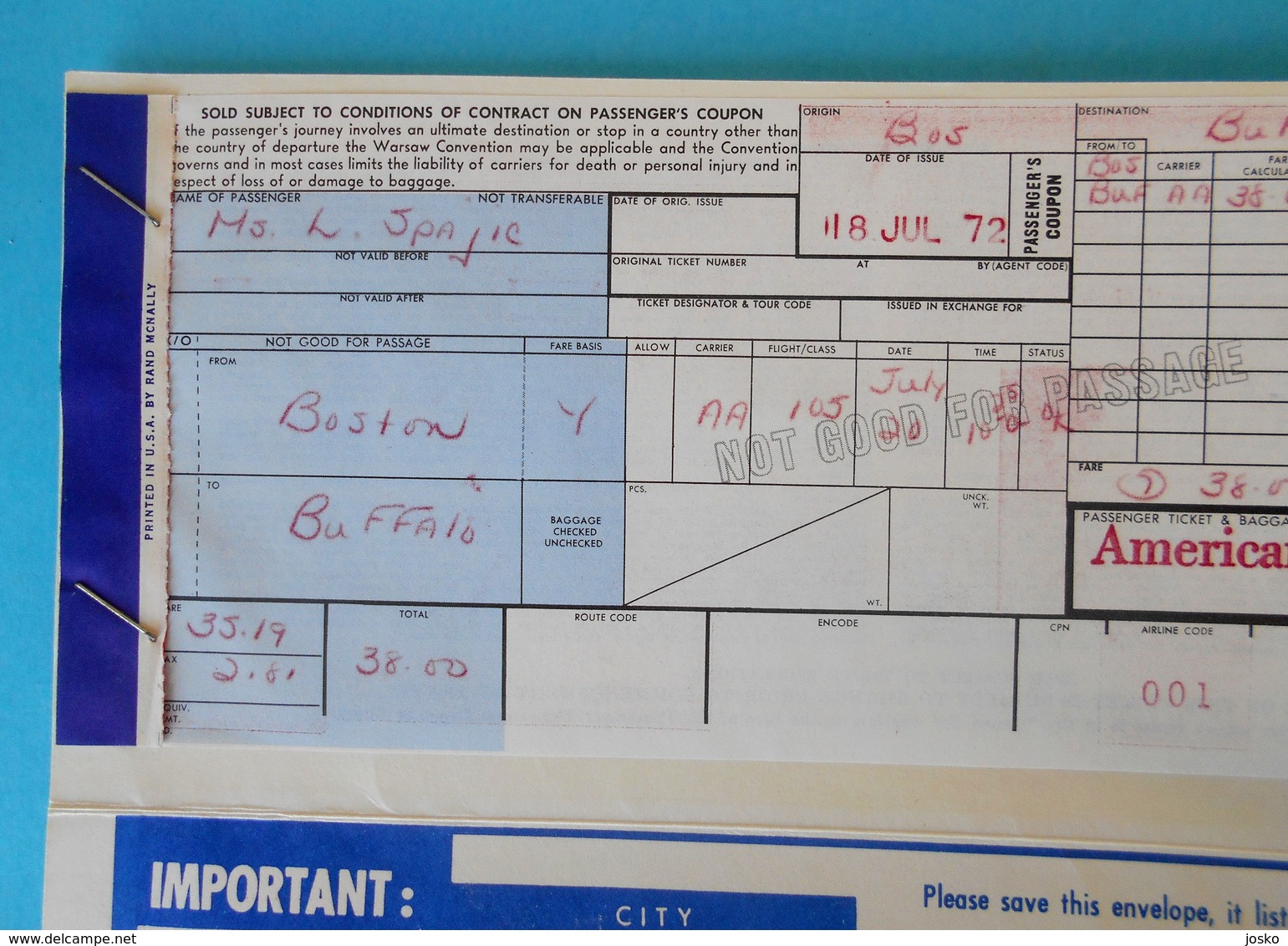 AMERICAN AIRLINES Vintage Ticket 1972. ... Flight BOSTON - BUFFALO - NEW YORK ( JFK ) * Billet Biglieto Billete - Tickets