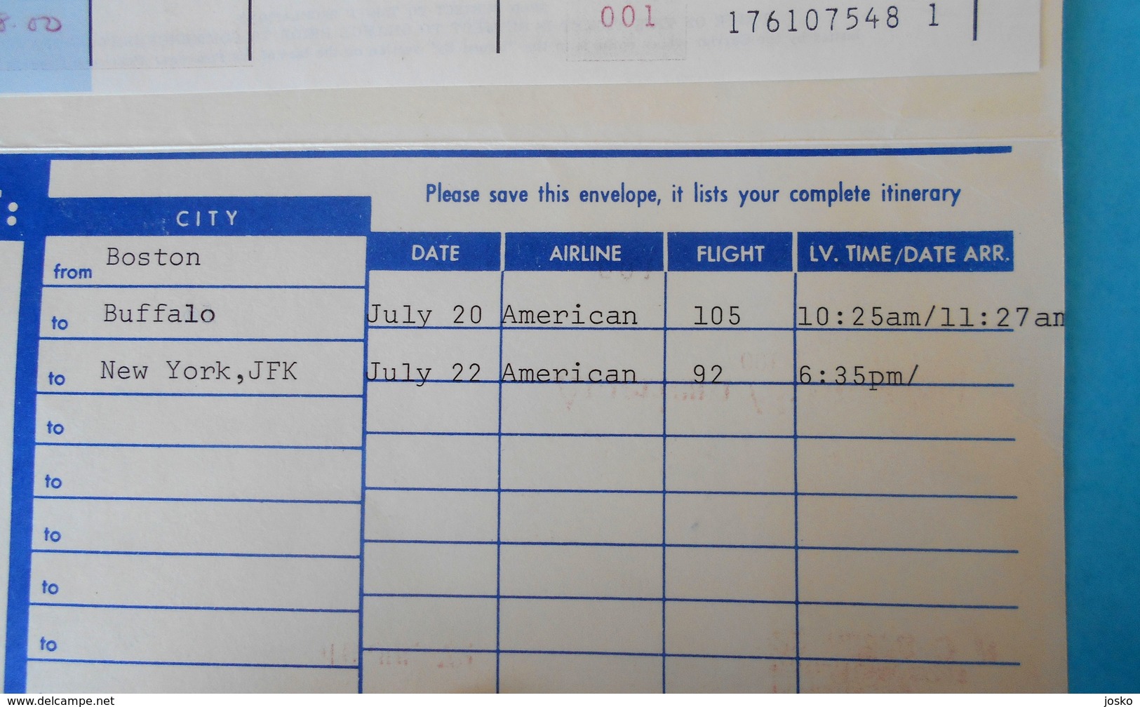 AMERICAN AIRLINES Vintage Ticket 1972. ... Flight BOSTON - BUFFALO - NEW YORK ( JFK ) * Billet Biglieto Billete - Biglietti