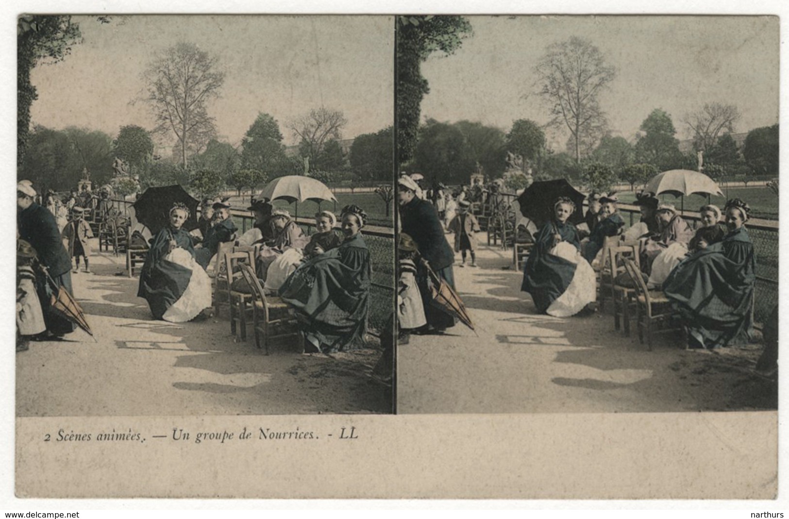 CPA Carte Stéreoscopique Colorisée Vue Stéreo Scènes Animées Un Groupe De Nourrices Nourrice LL Ombrelle - Cartes Stéréoscopiques