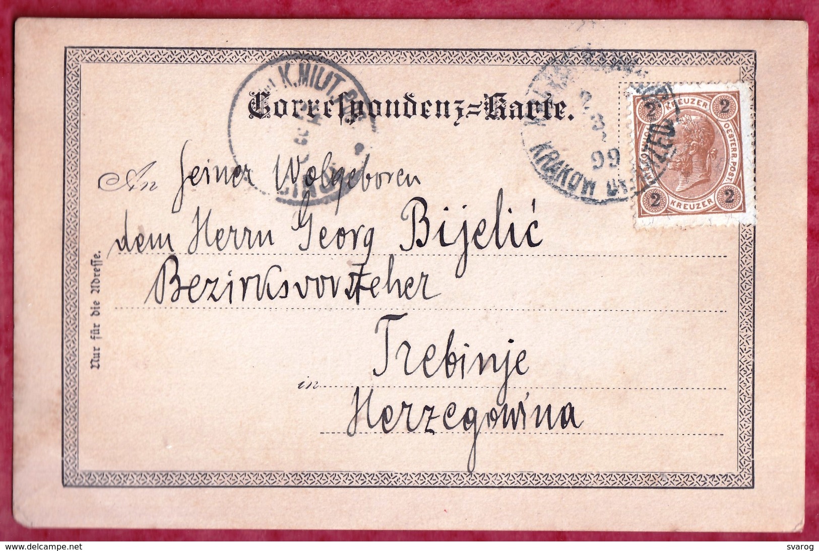 KRAKOW - KRAKAU - Teatr Miejski - RPPC - KuK Militar Post - Trebinje Bosnia Herzegowina 1899. Poland BF1/25 - Pologne