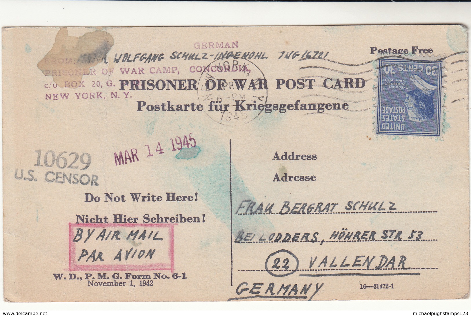 U.S. / P.O.W. Airmail / Germany Censorship / Concordia - Autres & Non Classés