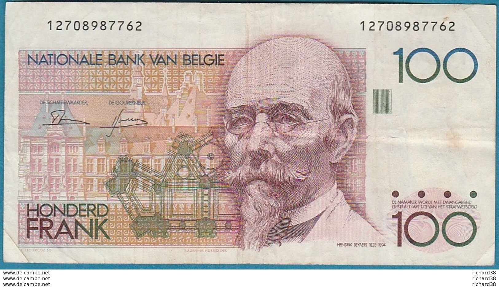 BELGIQUE 100 FRANCS N° 12708987762 - 100 Francs