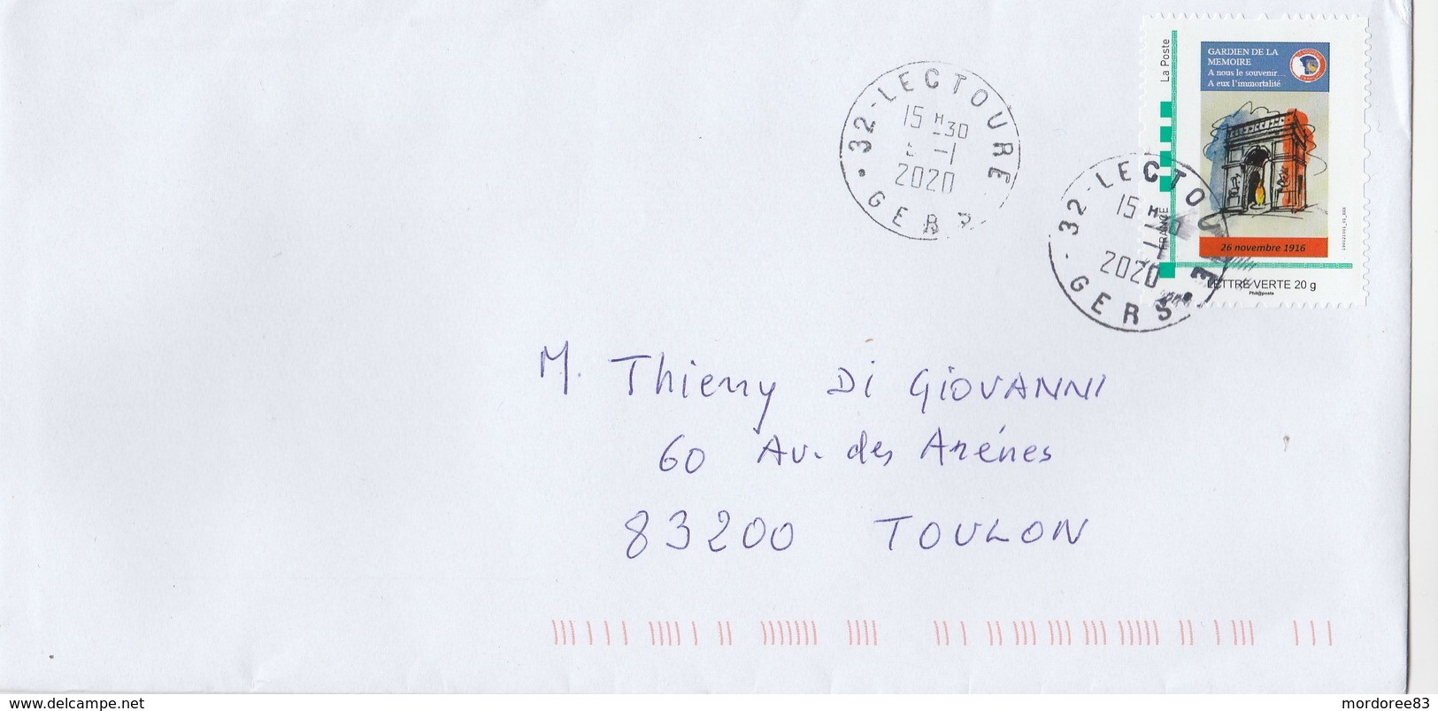 MONTIMBRAMOI GARDIEN DE LA MEMOIRE SUR LETTRE LECTOURE 2020 POUR TOULON - Cartas & Documentos