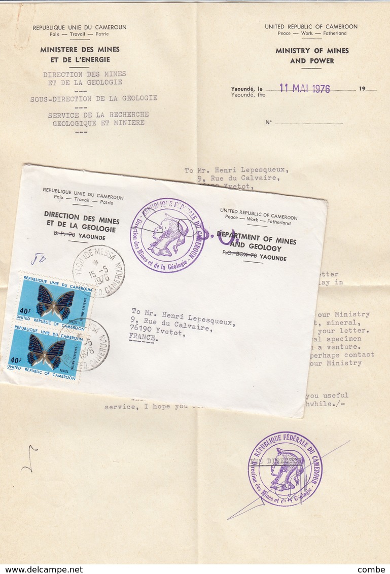 LETTRE AVEC CORRESPONDANCE. FULL LETTER. CAMEROUN. 1976. DIRECTION DES MINES ET DE LA GEOLOGIE YAOUNDE - Cameroun (1960-...)