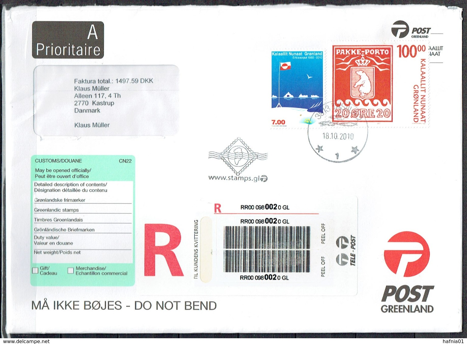 Greenland 2010.  Registered Mail Sent To Denmark. - Brieven En Documenten