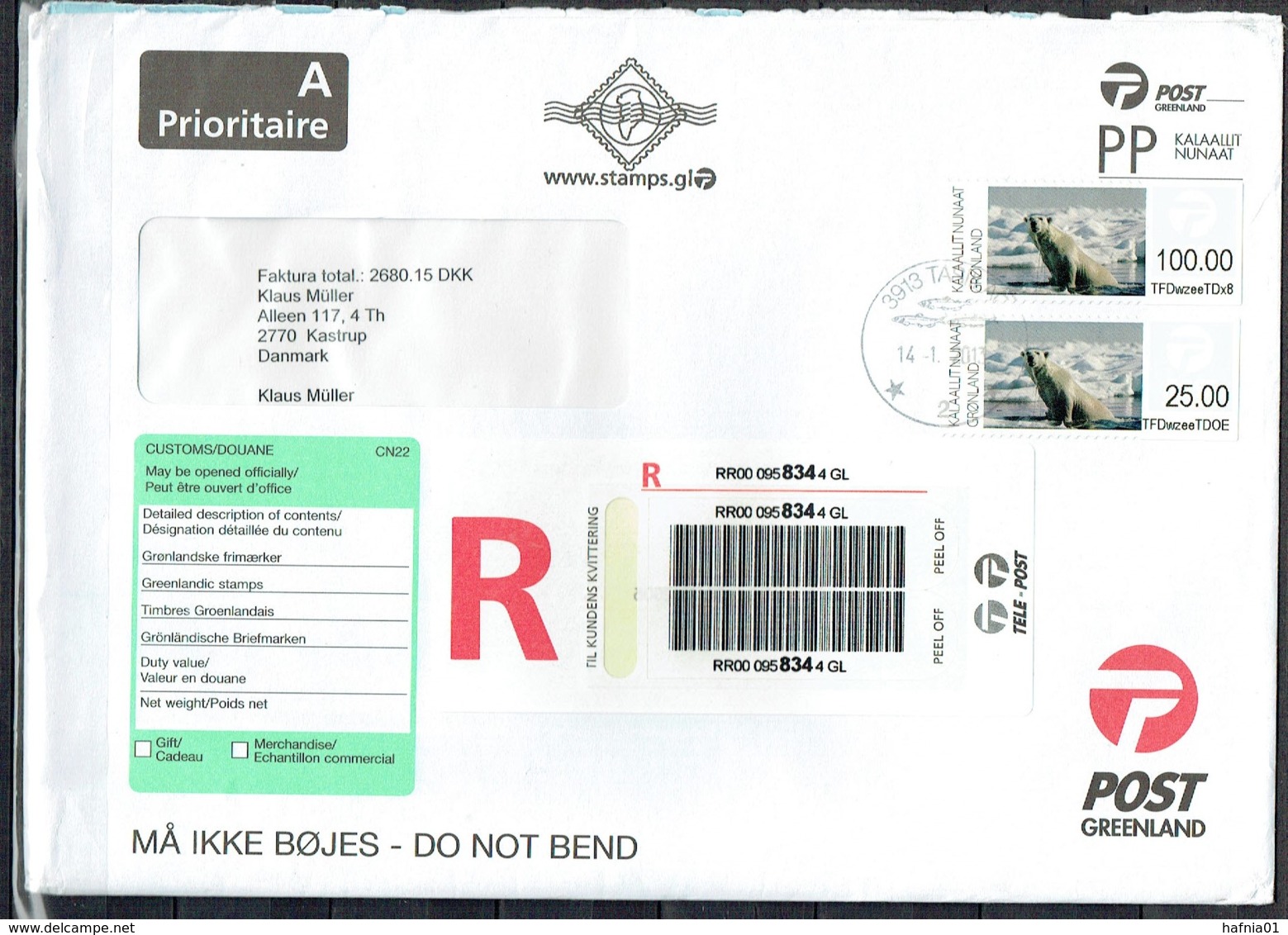 Greenland 2013.  Registered Mail Sent To Denmark. - Lettres & Documents