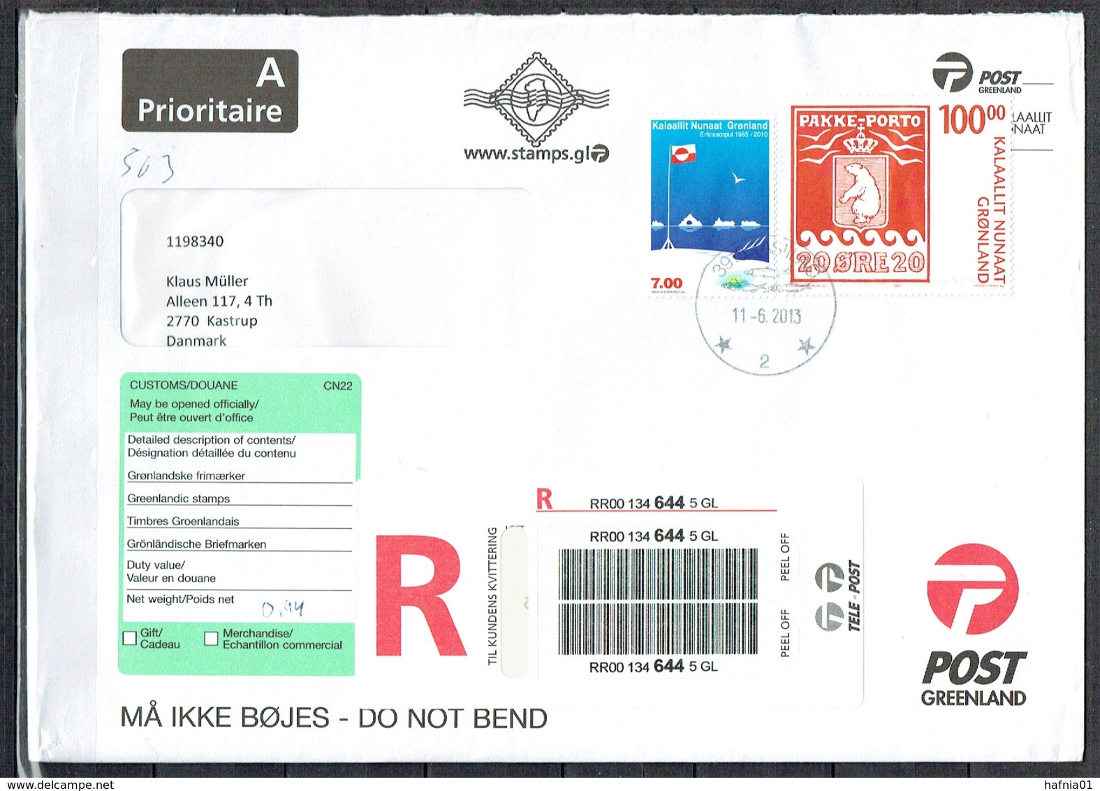 Greenland 2013.  Registered Mail Sent To Denmark. - Lettres & Documents
