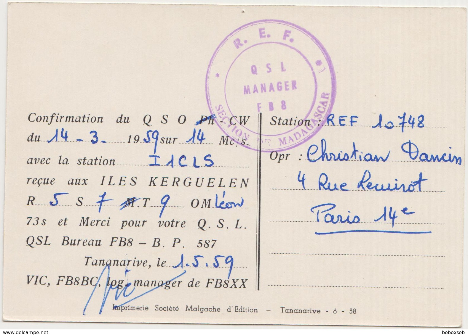 QSL ARCHIPEL DES KERGUELEN 1959 - Radio Amateur