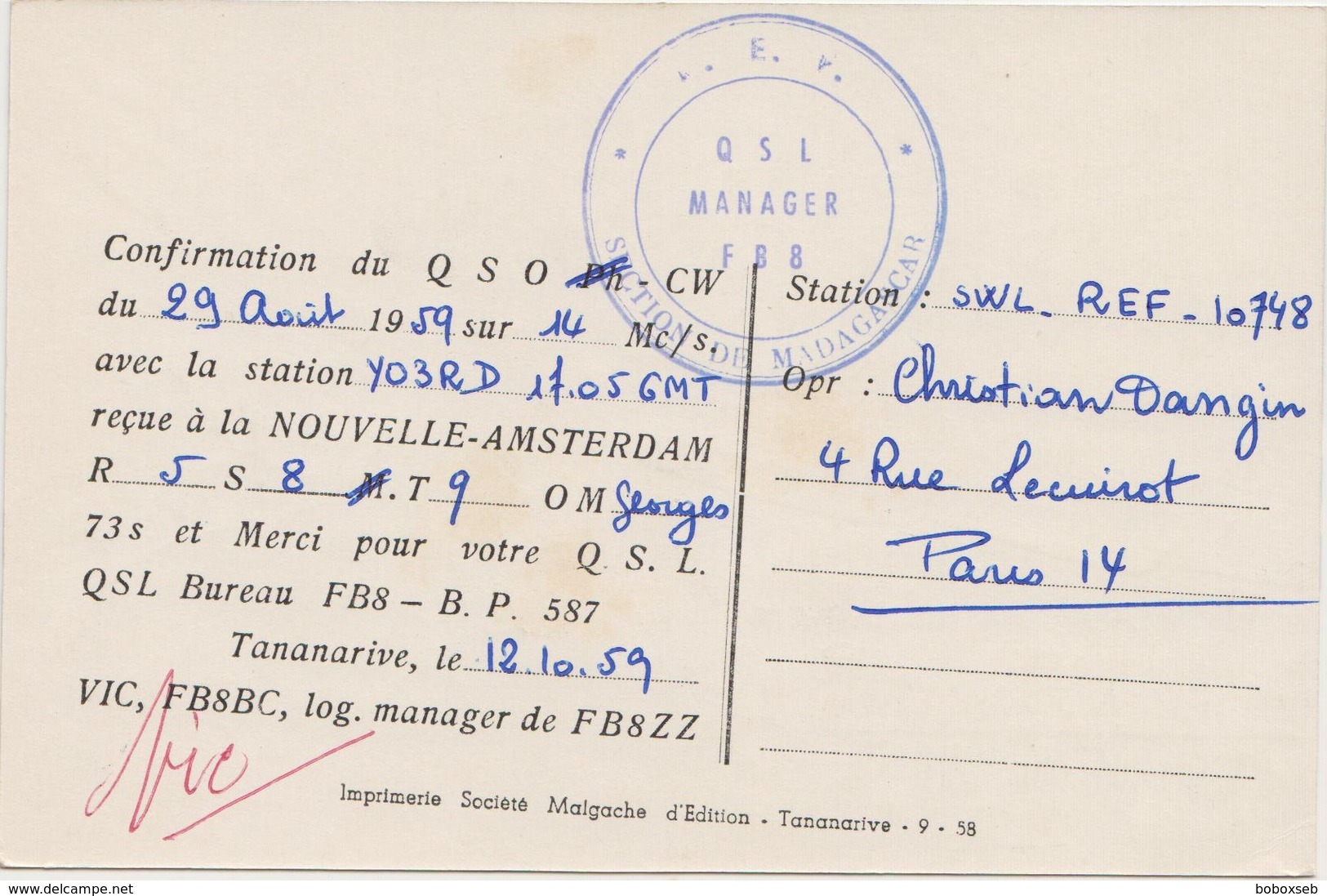 QSL NOUVELLE AMSTERDAM 1959 - Radio Amateur