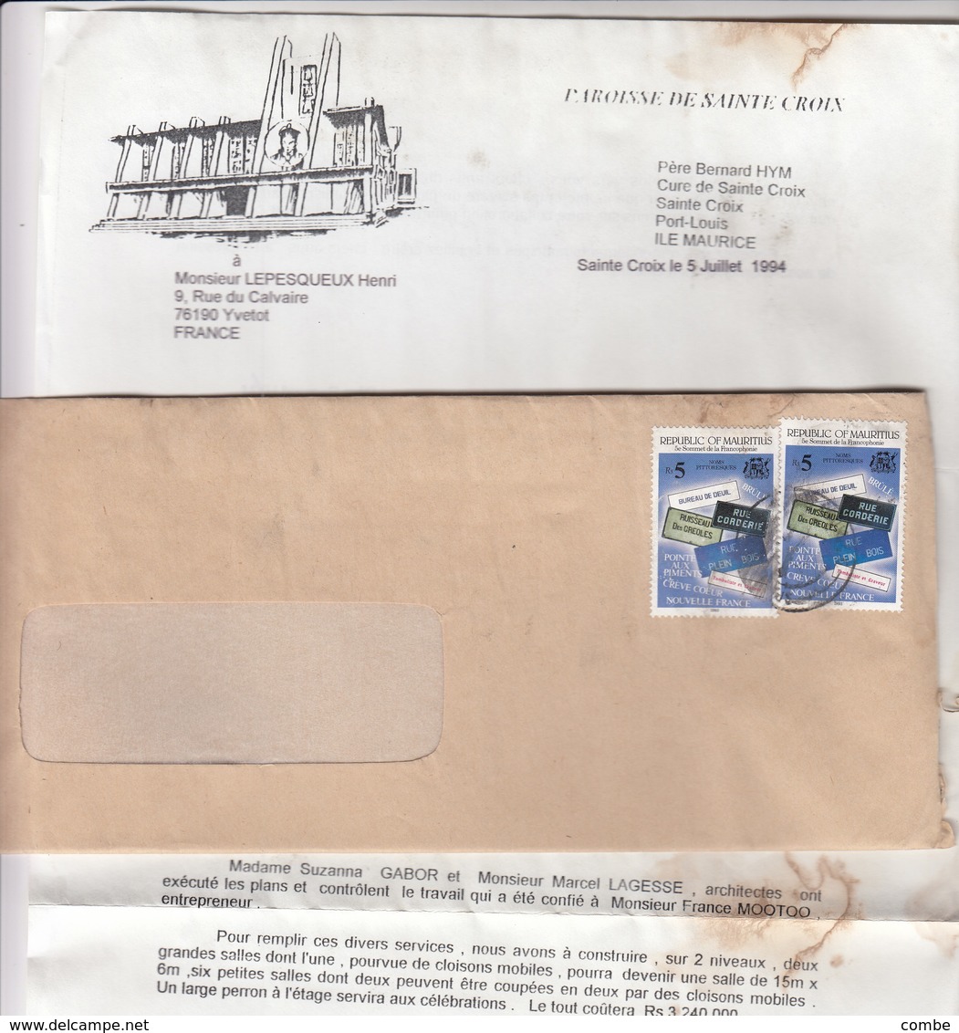 LETTRE AVEC CORRESPONDANCE. FULL LETTER. MAURITIUS PAROISSE DE STE CROIX - Maurice (1968-...)