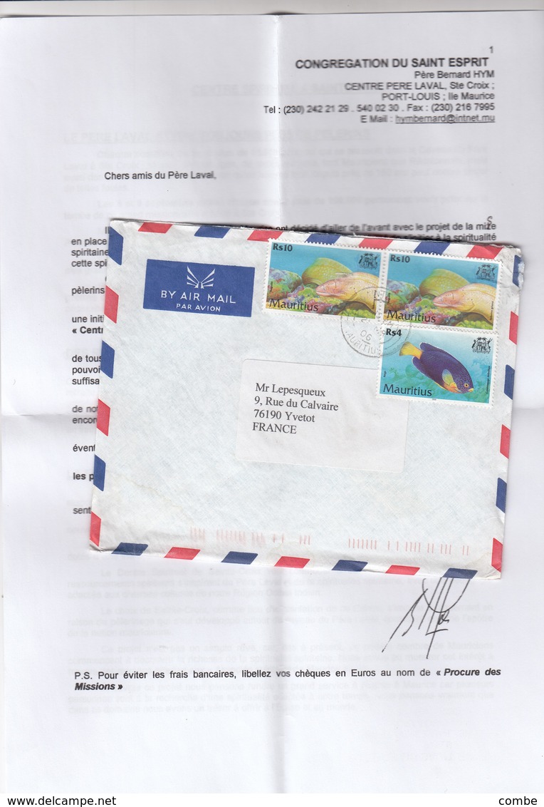 LETTRE AVEC CORRESPONDANCE. FULL LETTER. MAURITIUS CENTRE PERE LAVAL PORT LOUIS - Mauritius (1968-...)