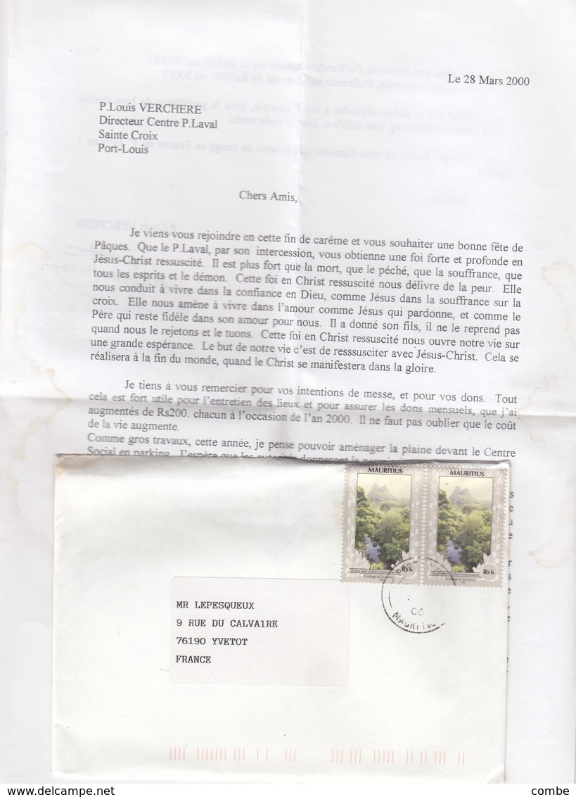 LETTRE AVEC CORRESPONDANCE. FULL LETTER. MAURITIUS. CENTRE PERE LAVAL PORT LOUIS PORT LOUIS - Maurice (1968-...)