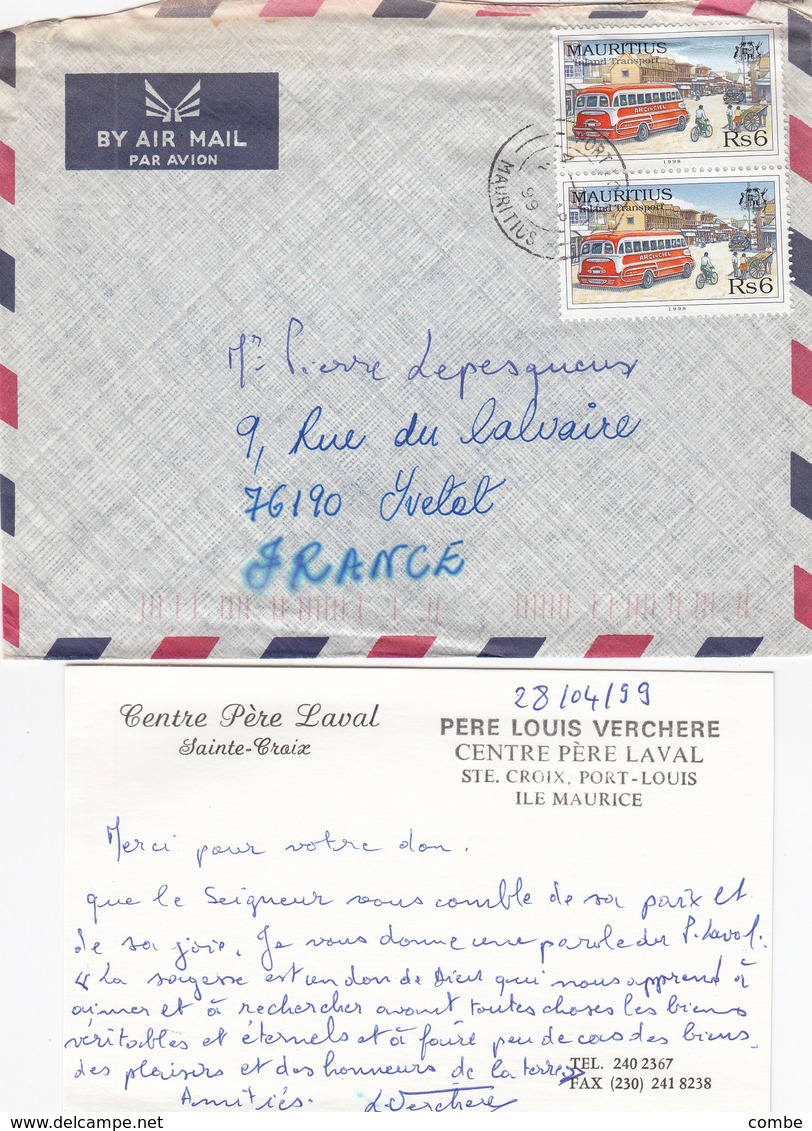 LETTRE AVEC CORRESPONDANCE. FULL LETTER. MAURITIUS. CENTRE PERE LAVAL PORT LOUIS PORT LOUIS - Maurice (1968-...)