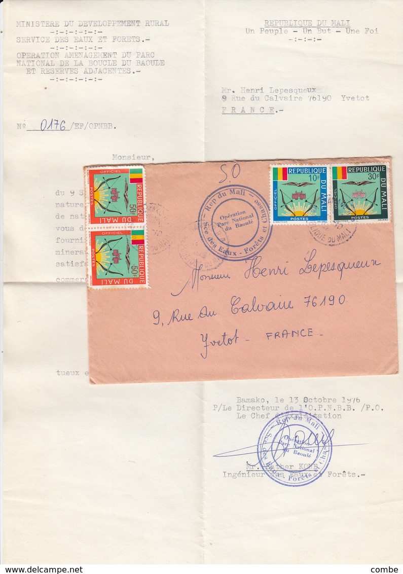 LETTRE AVEC CORRESPONDANCE. MALI. EAUX ET FORETS PARC DE BAOULÉ - Mali (1959-...)