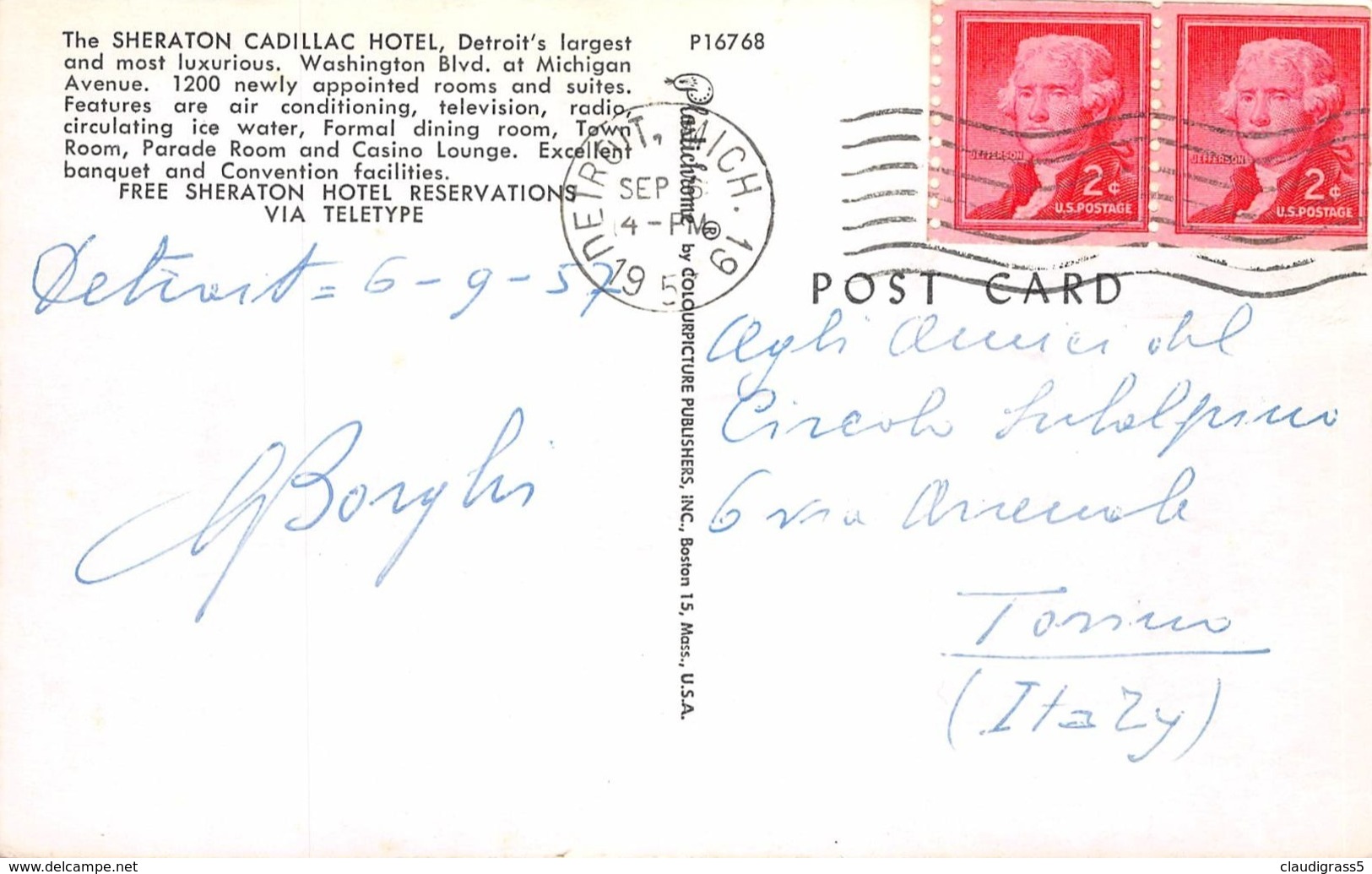 1157" DETROIT - SHERATON CADILLAC HOTEL " CARTOLINA ORIGINALE 1957 - Detroit