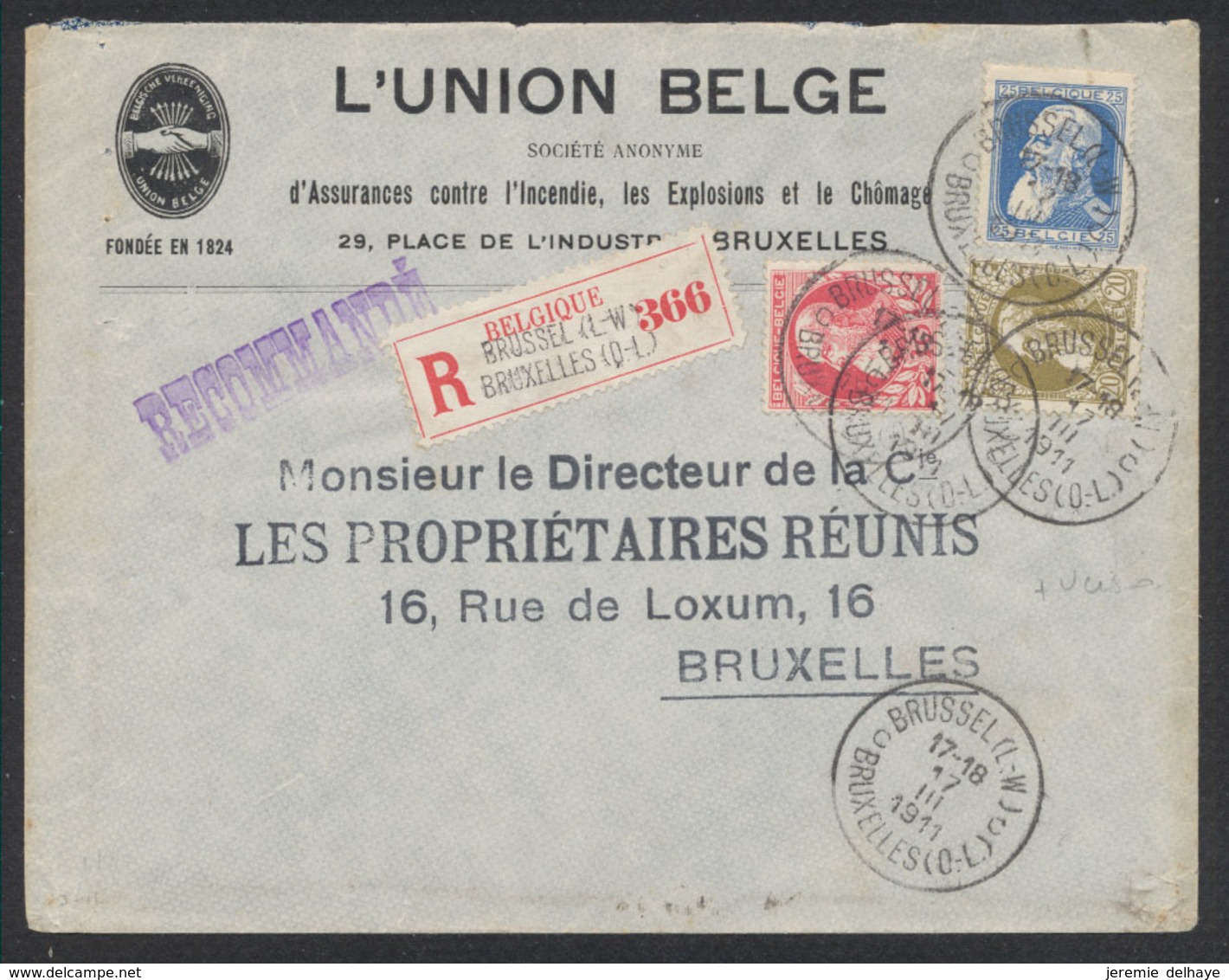 Grosse Barbe - Affranch. Tricolore Sur Lettre En Recommandé De Brussel (L.W.) / Bruxelles (Q.L.) > Bruxelles (1911) - 1905 Breiter Bart