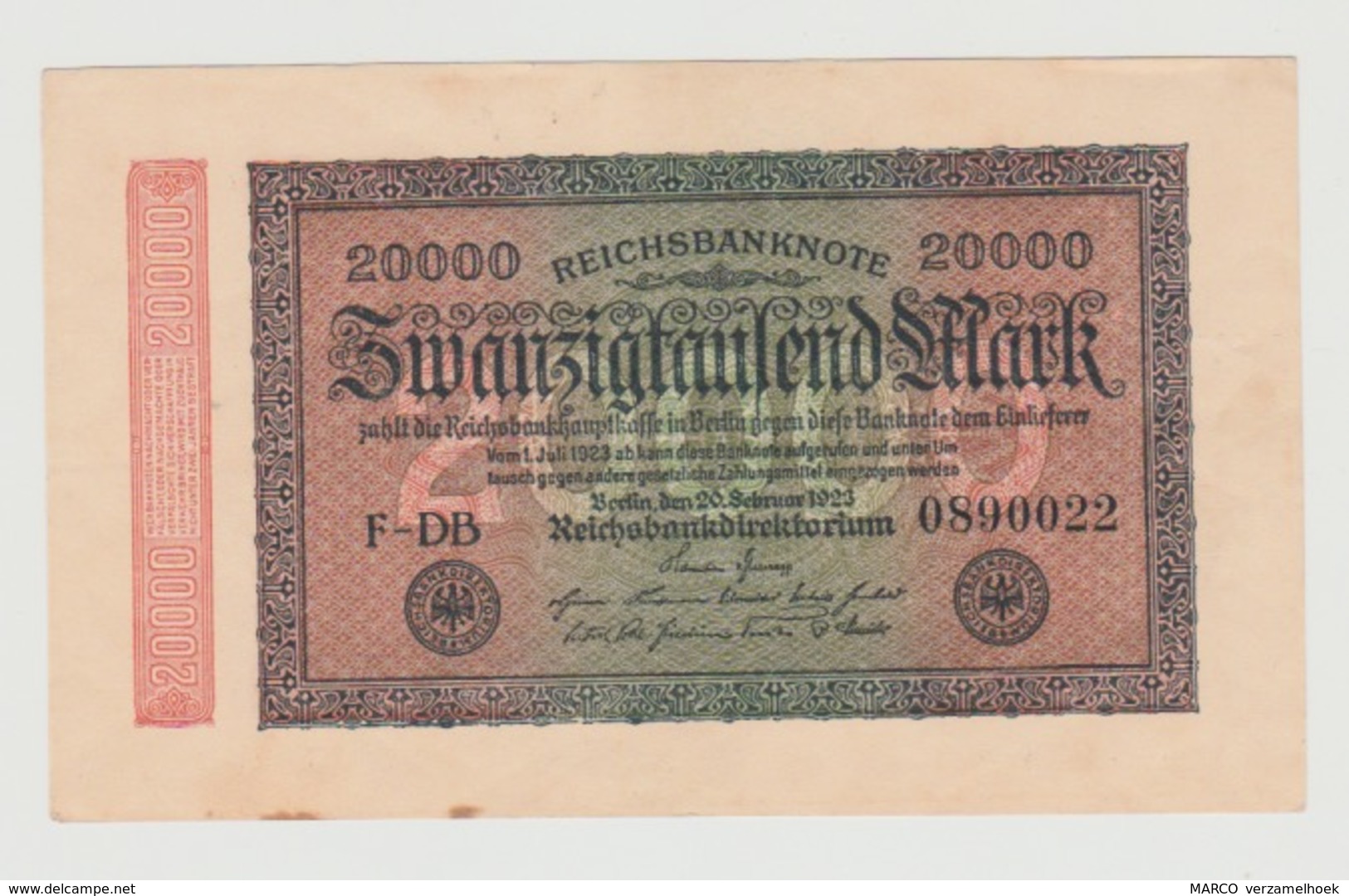 Banknote Reichsbanknote Duitsland 20000 Mark 1923 F-DB UNC - 20000 Mark