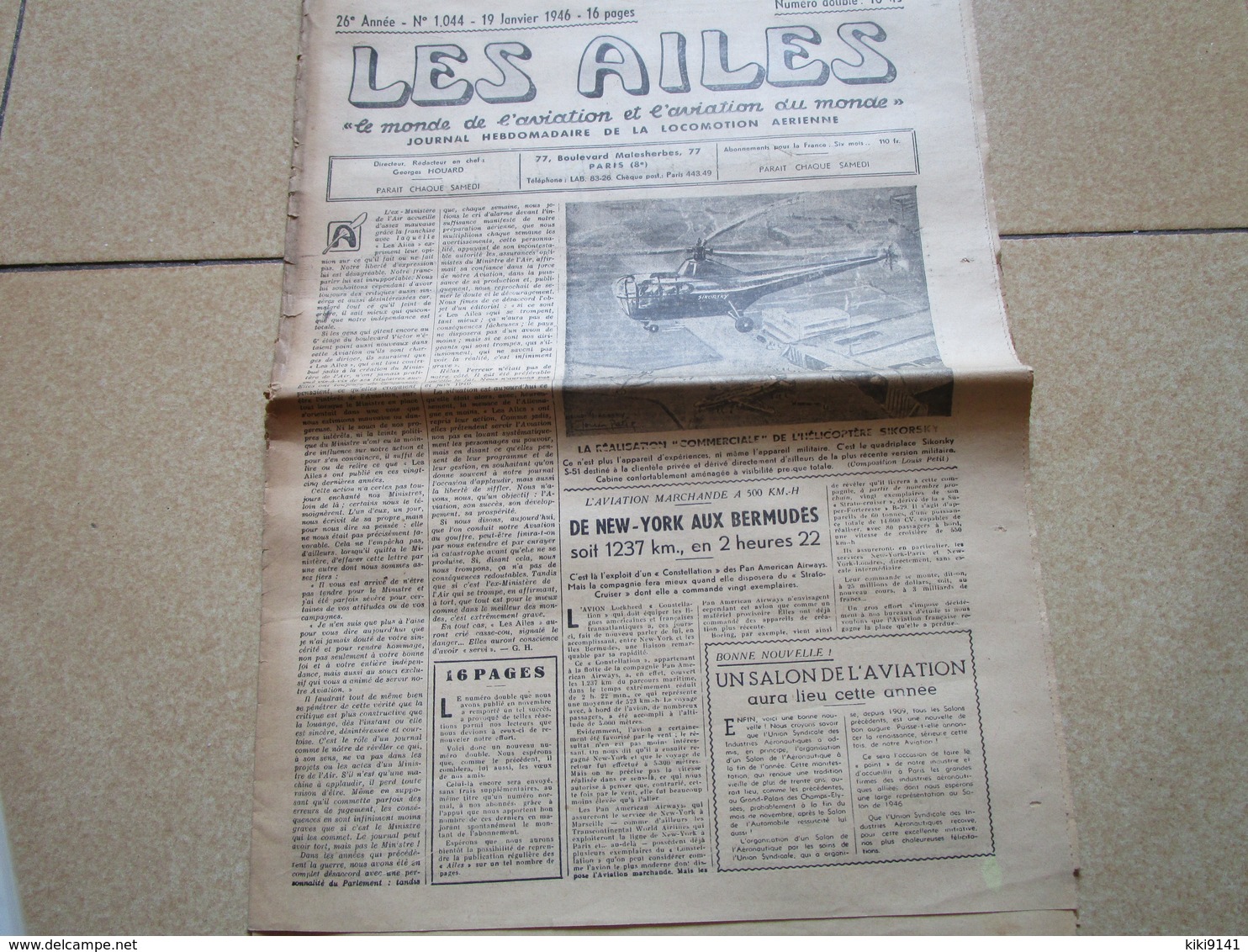 LES AILES - Journal Hebdomadaire De La Locomotion Aérienne - 26è Année - N° 1.044 - 19 Janvier 1946 - 16 Pages - Autres & Non Classés