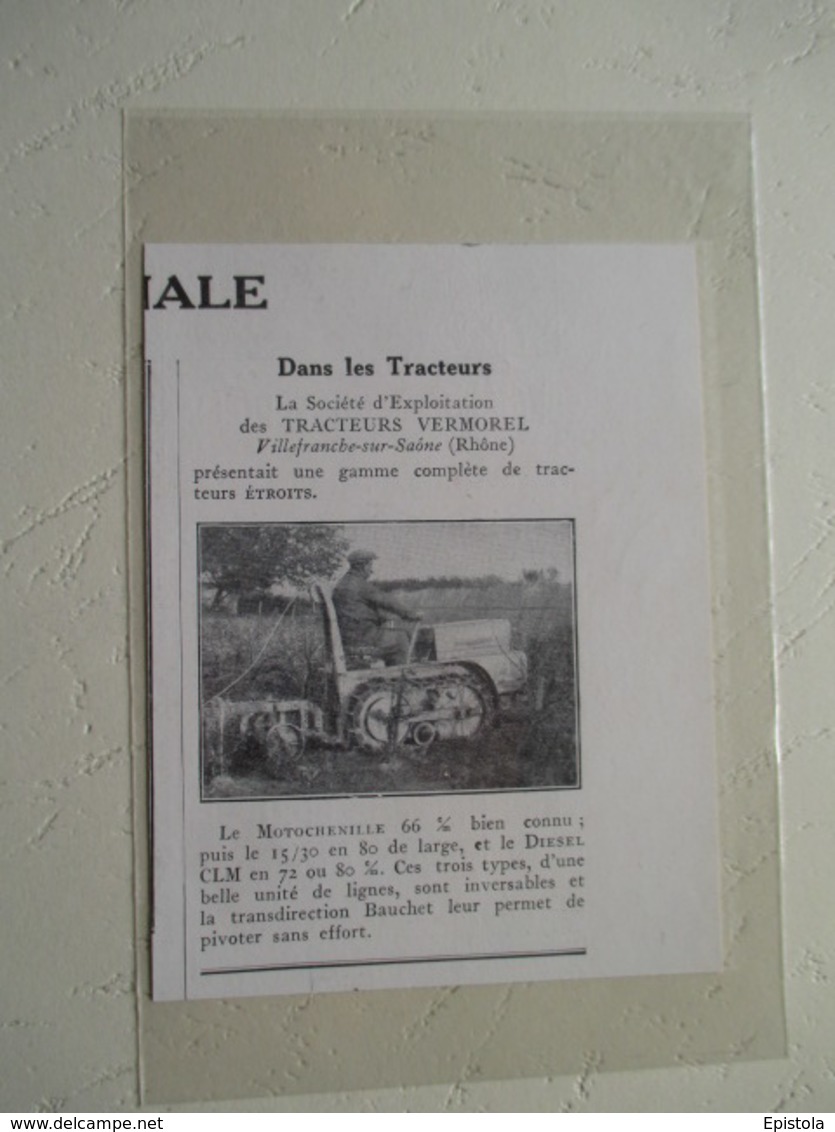 Tracteur Motochenille -  Ets Vermorel  Villefranche Sur Saone  - Coupure De Presse De 1933 - Tracteurs