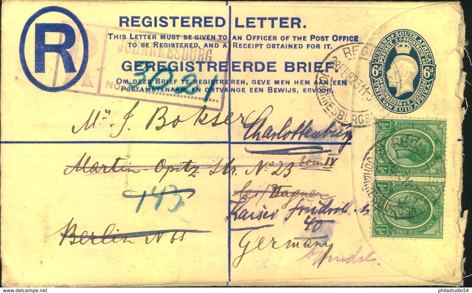 1923, 6 D Registration Envelope With Additional Franking From JOHANNESBURG To Berlin, Redirected Within The City - Other & Unclassified
