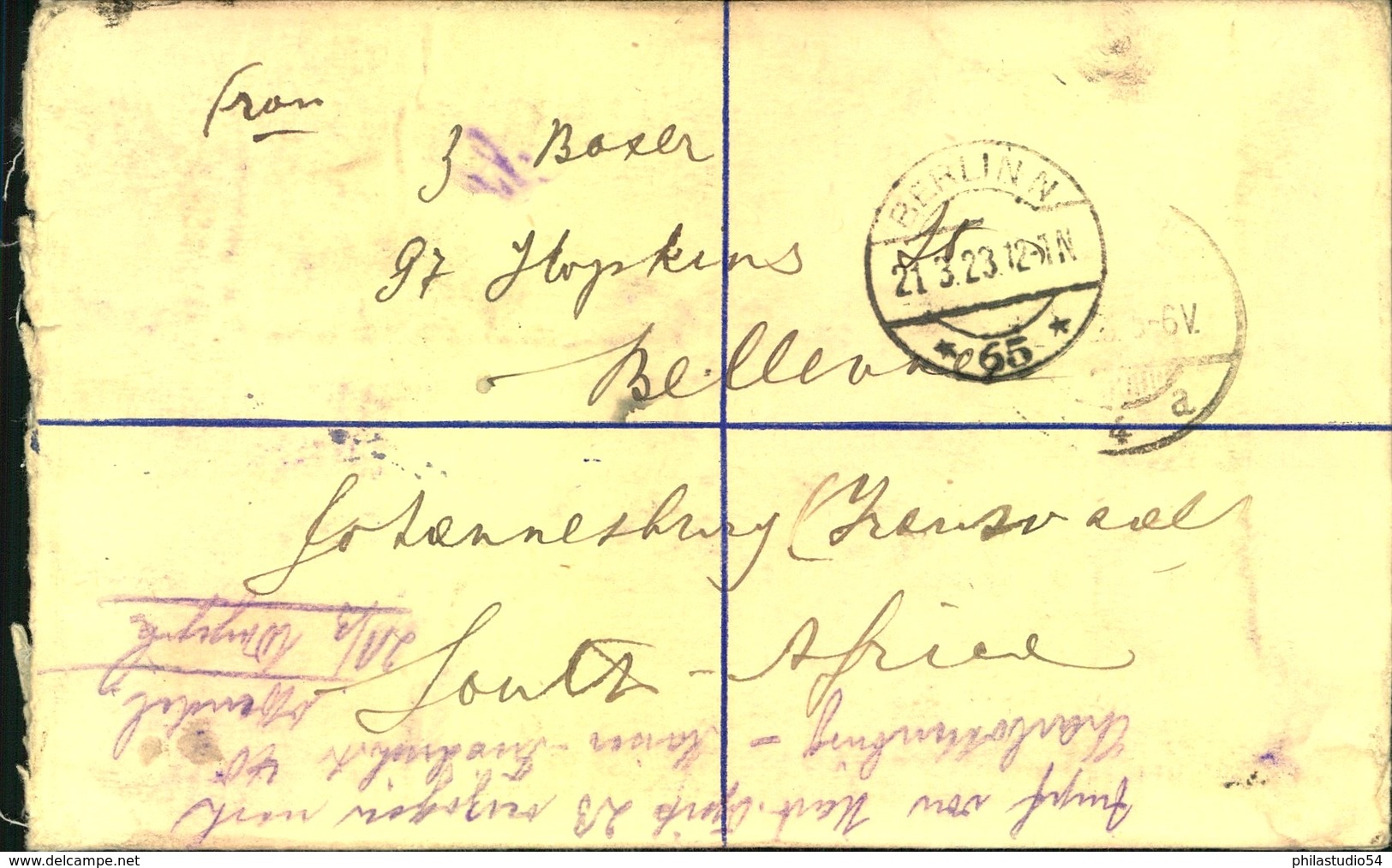 1923, 6 D Registration Envelope With Additional Franking From JOHANNESBURG To Berlin, Redirected Within The City - Sonstige & Ohne Zuordnung