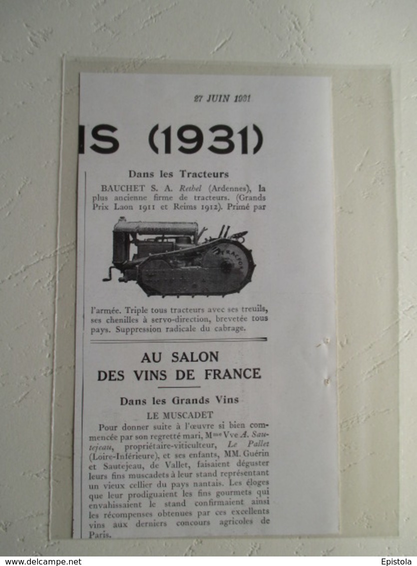 Tracteur BAUCHET Ets à RETHEL (Ardennes)  - Coupure De Presse De 1931 - Tracteurs