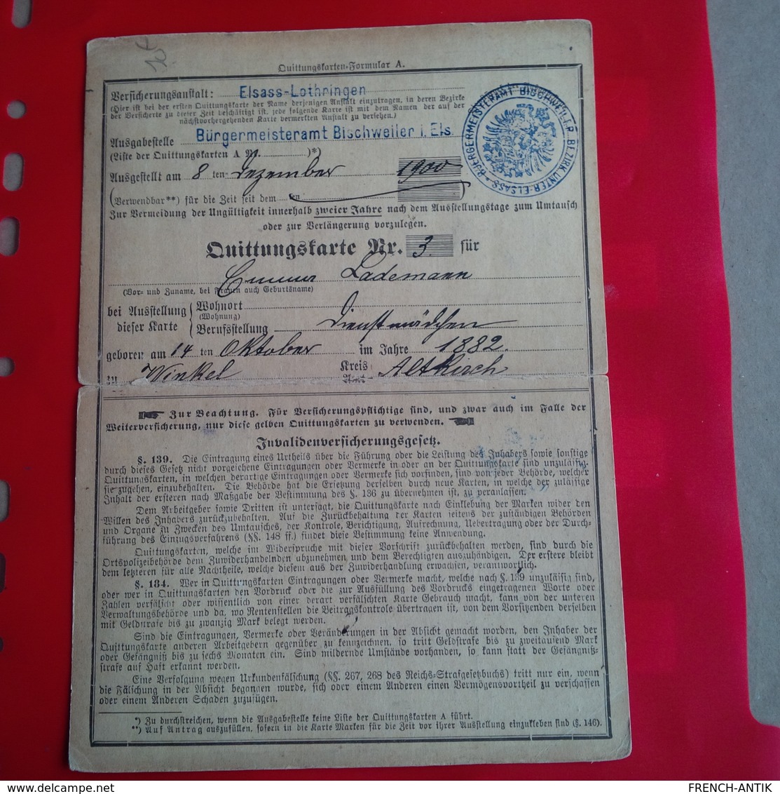 ELSASS LOTHRINGEN 1916 CARTE DE RATIONNEMENT Bischweiler  MULHAUSEN - Other & Unclassified