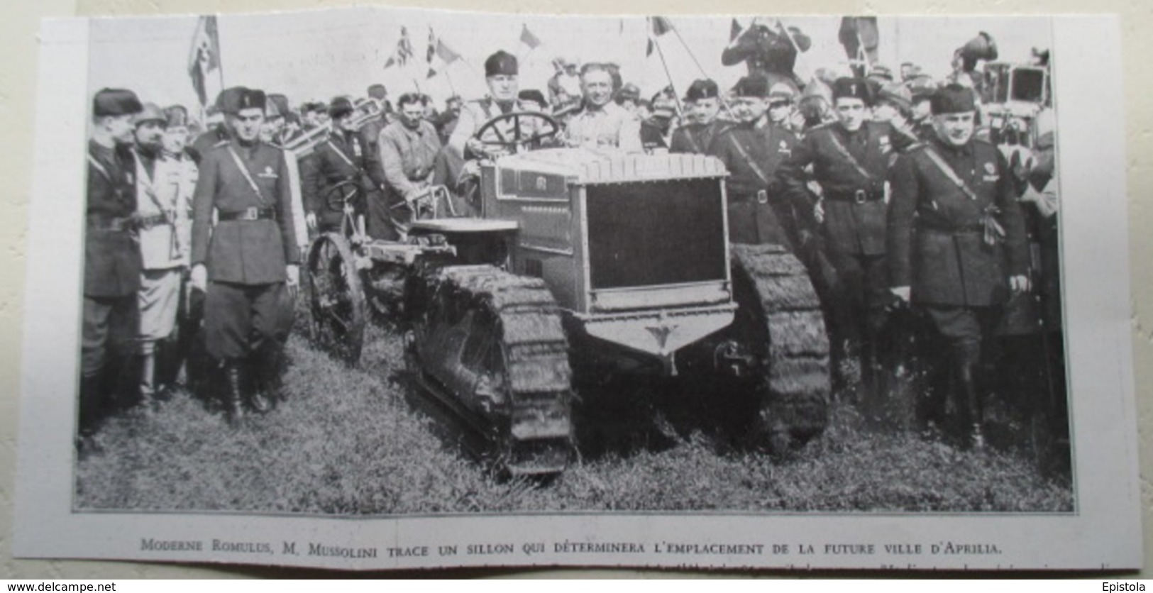 APRILIA -  TRACTEUR Autochenille FIAT (conduit Par Le Chef Du Pouvoir Italien à L'époque). - Coupure De Presse De 1936 - Tracteurs