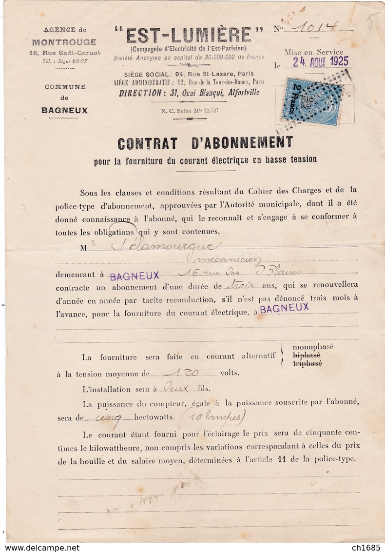 FRANCE :  Timbre De Dimension 88 Sur Contrat D'Abonnement D'électricité De Bagneux 1925 - Storia Postale