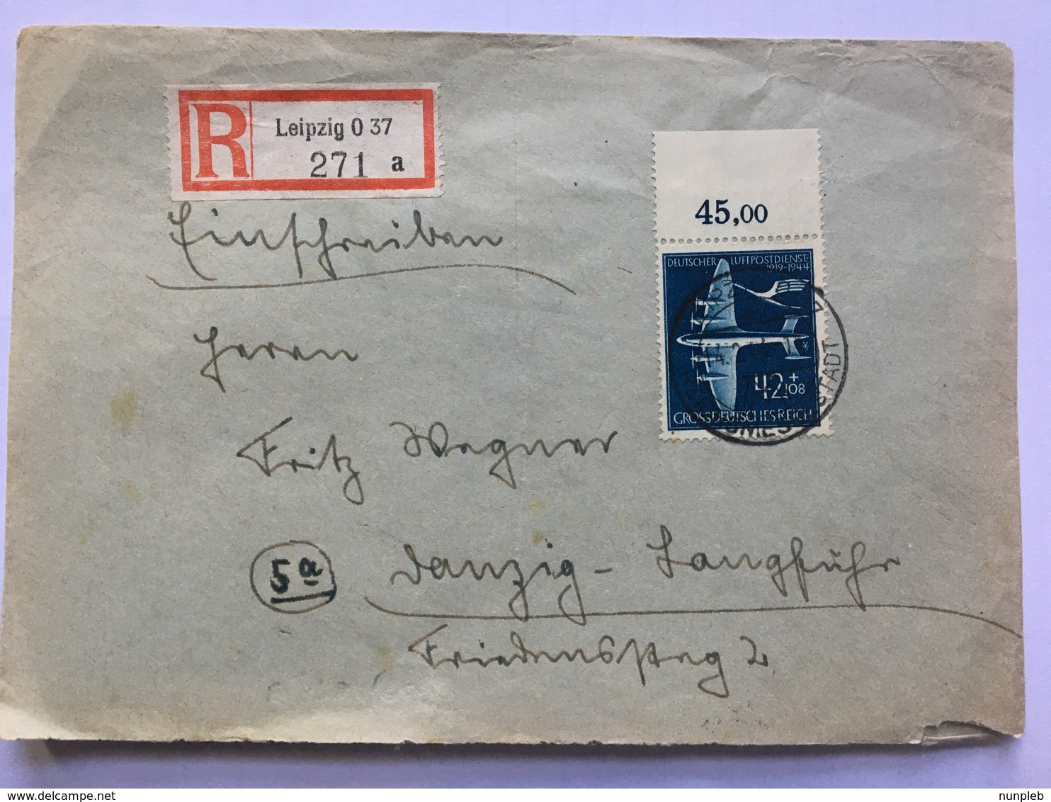 GERMANY 1944 Registered Leipzig Cover To Langfuhr Danzig Tied With Junkers - Air Mail Services - Storia Postale