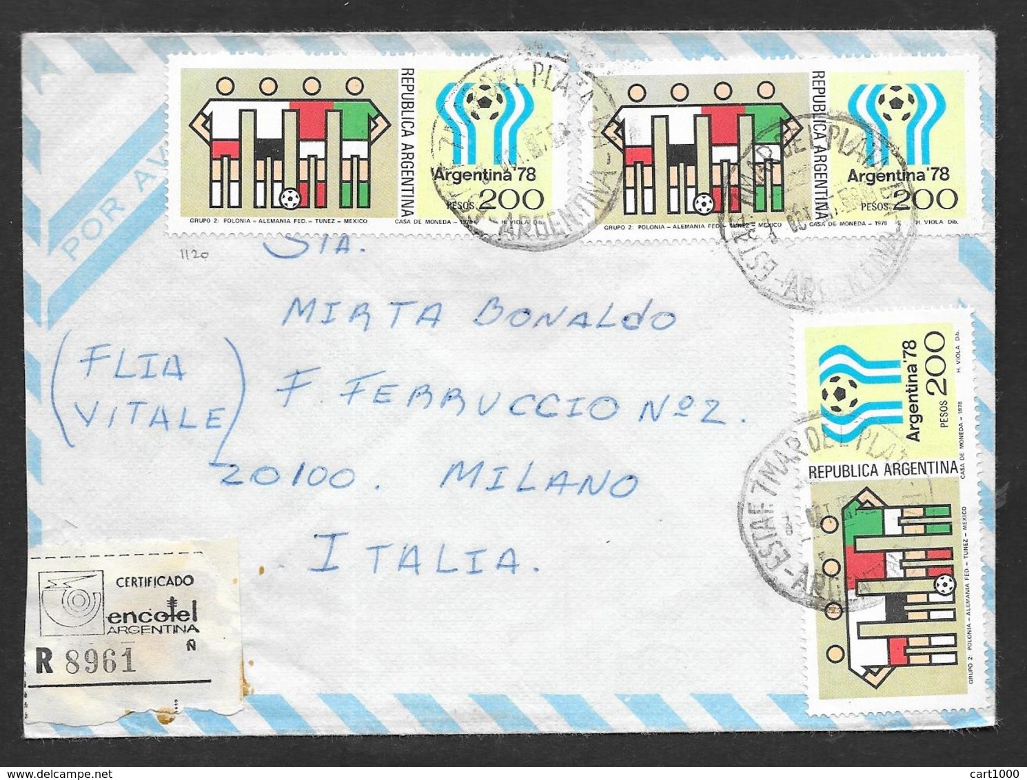 1978 ARGENTINA 78 COPPA DEL MONDO MAR DEL PLATA TO MILANO POSTA CERTIFICADA - Storia Postale