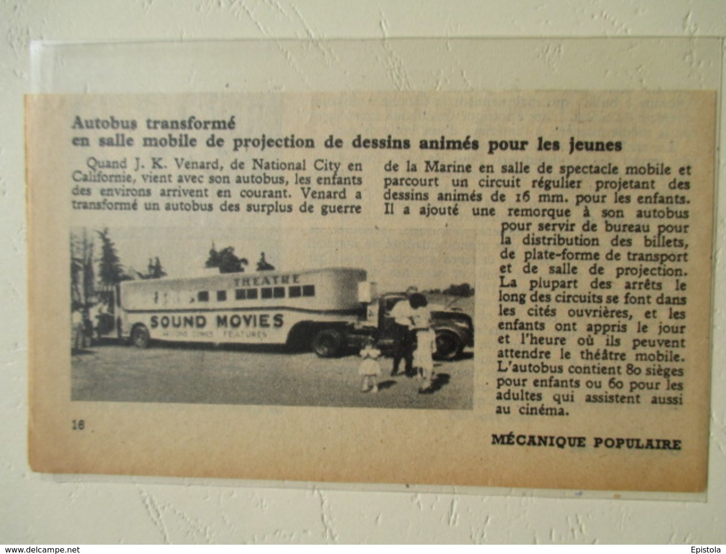 USA Transport Utilitaire - Autobus Cinéma " Sound Movies Theatre" De J.K. VENARD  - Coupure De Presse De 1948 - Camions