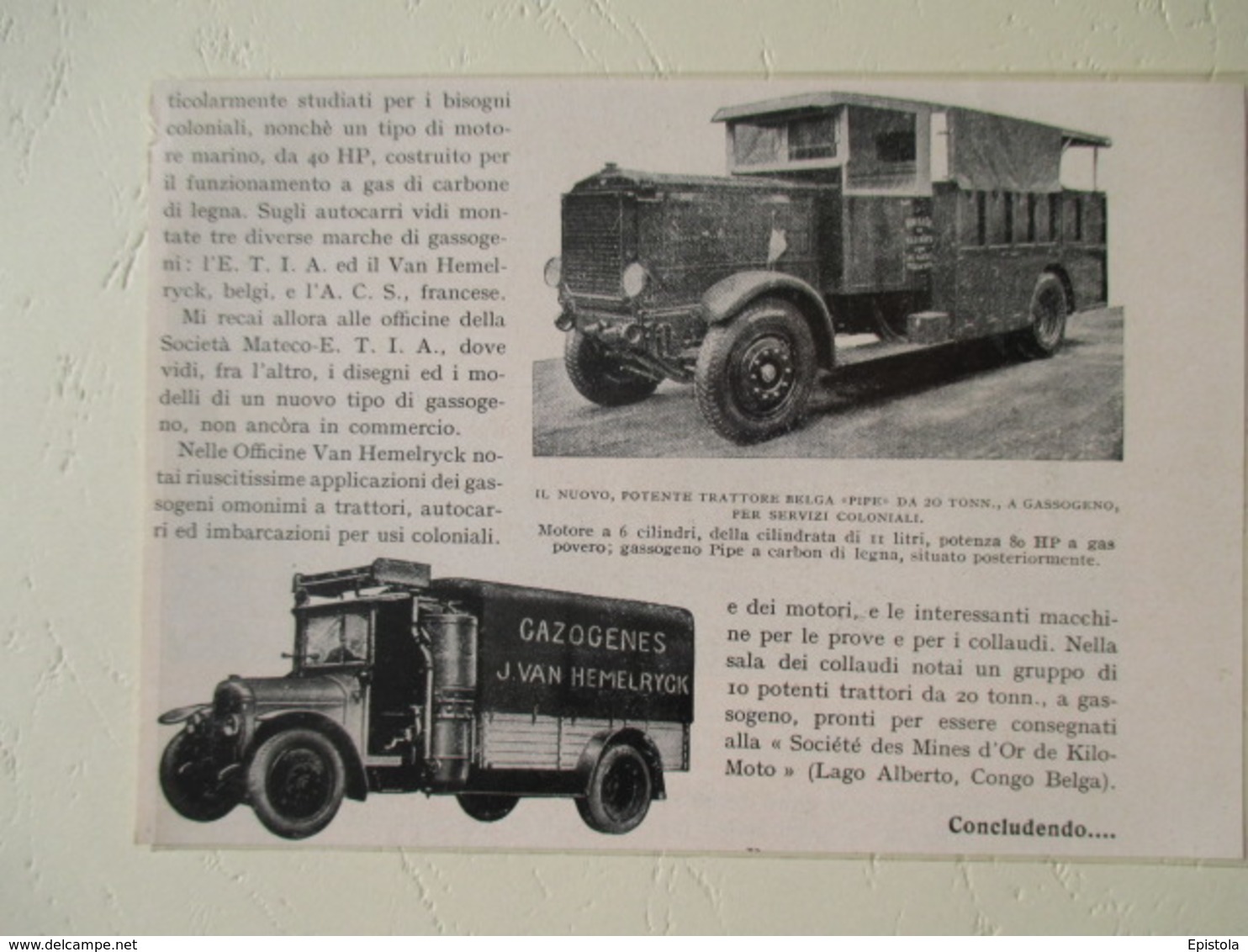 Transport Utilitaire - Camion Gazogene Colonial Belge Ets J Van Hemelryck - Coupure De Presse De 1928 - Camions