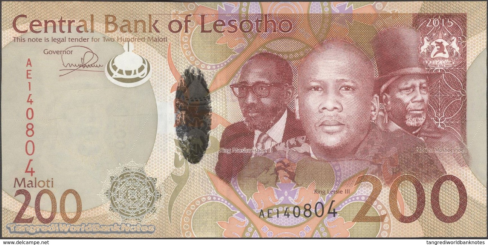 TWN - LESOTHO 25 - 200 Maloti 2015 Hybrid - Prefix AE UNC - Lesoto