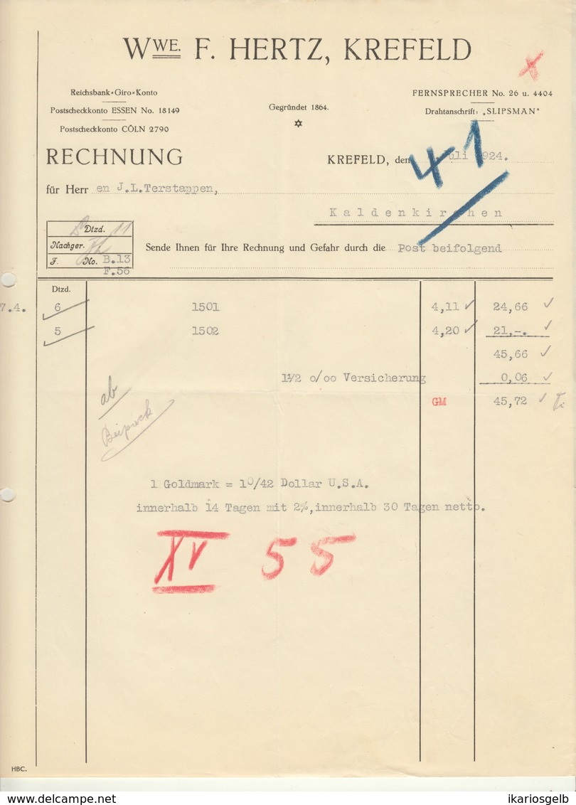 KREFELD Rechnung 1924 " Wwe F.Hertz - Krawattenversand " - Textile & Clothing