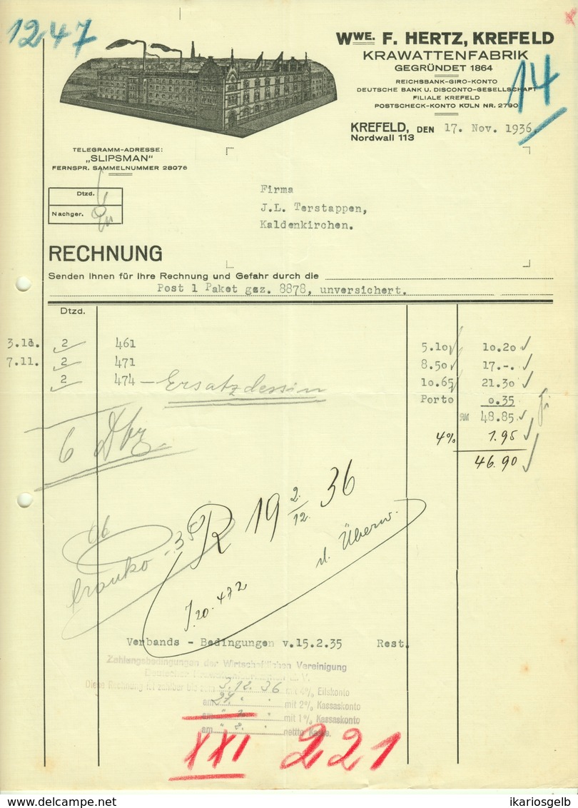 KREFELD Rechnung 1936 " Wwe F.Hertz - Krawatten-Fabrik " - Vestiario & Tessile